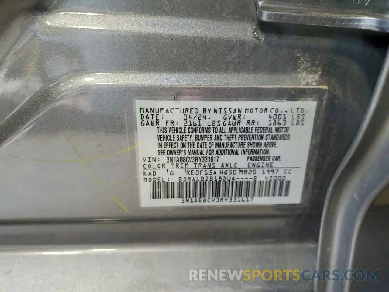 12 fotografías del automóvil dañado 3N1AB8CV3RY331617 NISSAN SENTRA 2024