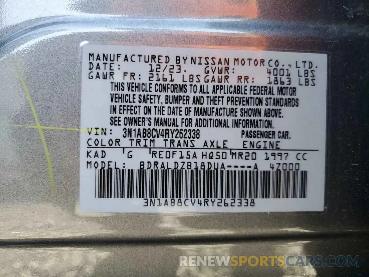 14 fotografías del automóvil dañado 3N1AB8CV4RY262338 NISSAN SENTRA 2024