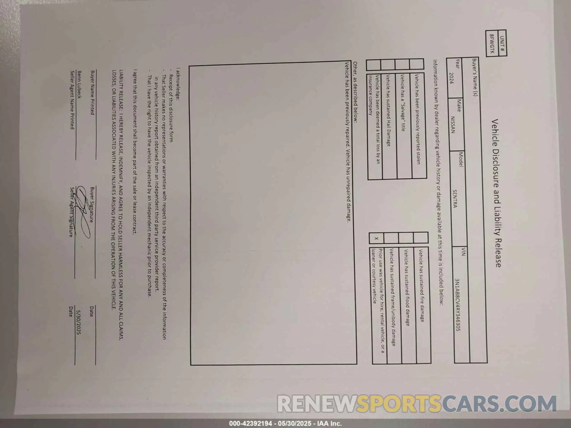 6 fotografías del automóvil dañado 3N1AB8CV4RY346305 NISSAN SENTRA 2024