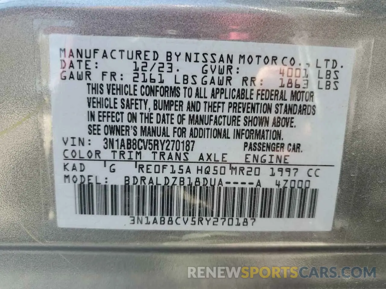 13 fotografías del automóvil dañado 3N1AB8CV5RY270187 NISSAN SENTRA 2024