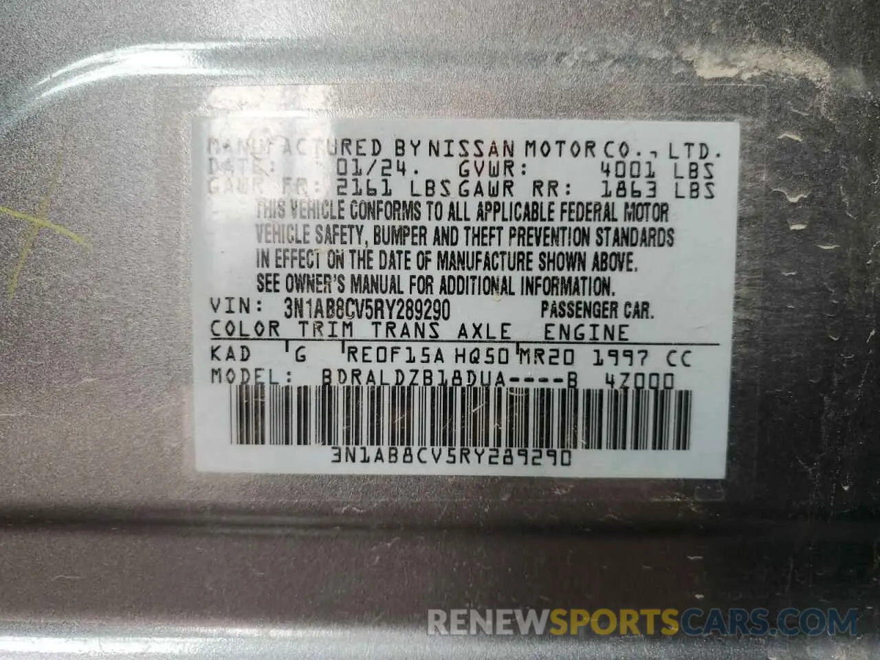 12 fotografías del automóvil dañado 3N1AB8CV5RY289290 NISSAN SENTRA 2024