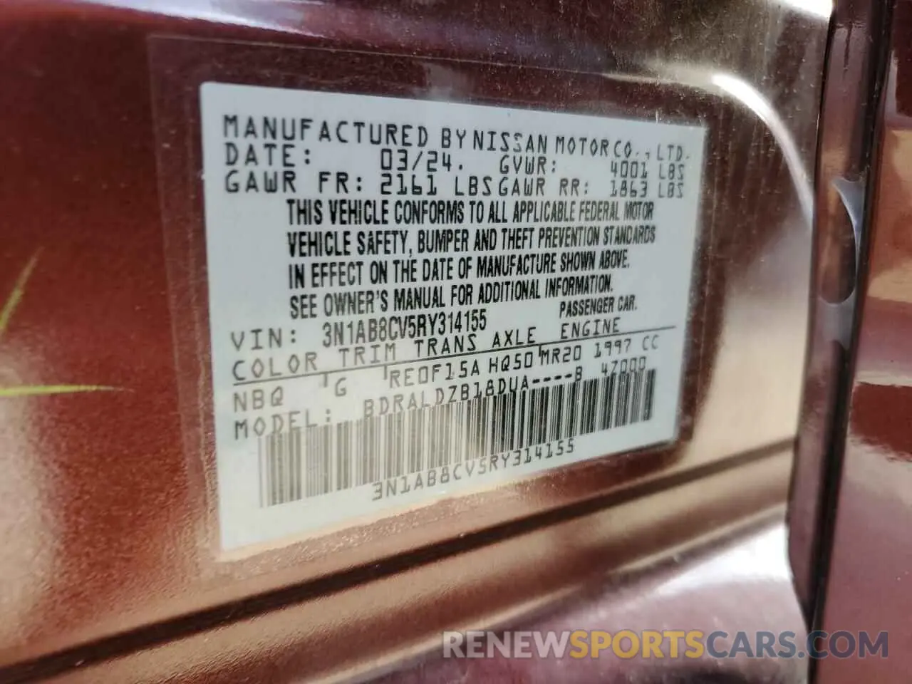 12 fotografías del automóvil dañado 3N1AB8CV5RY314155 NISSAN SENTRA 2024
