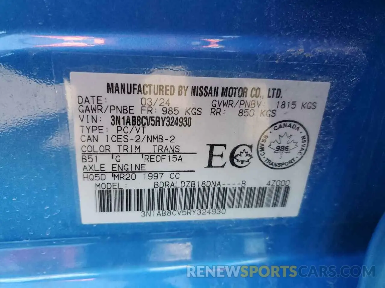 12 fotografías del automóvil dañado 3N1AB8CV5RY324930 NISSAN SENTRA 2024