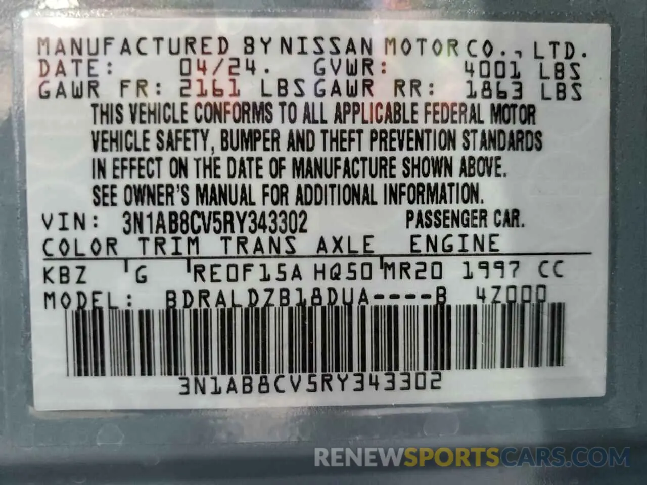 12 fotografías del automóvil dañado 3N1AB8CV5RY343302 NISSAN SENTRA 2024
