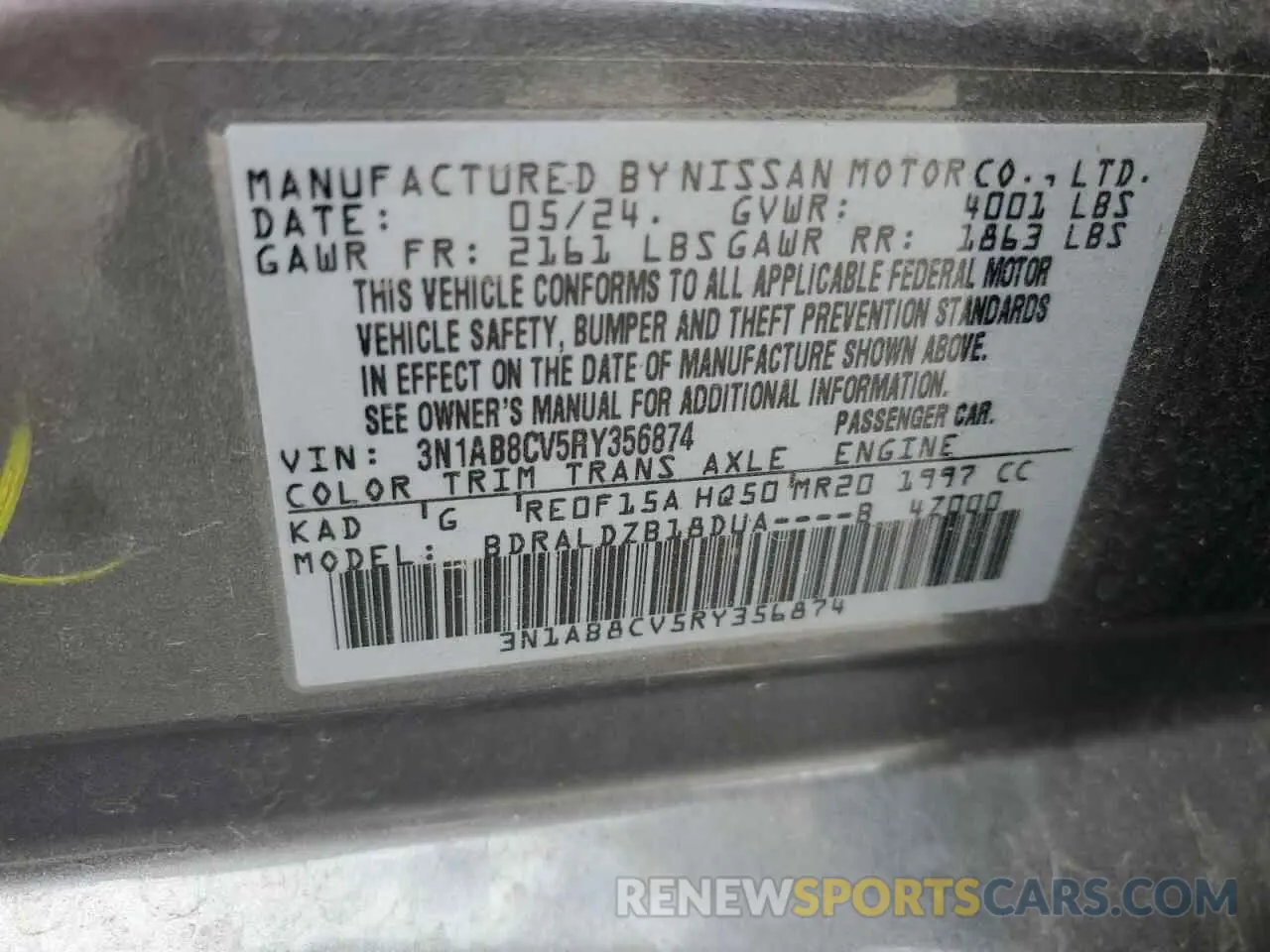 13 fotografías del automóvil dañado 3N1AB8CV5RY356874 NISSAN SENTRA 2024