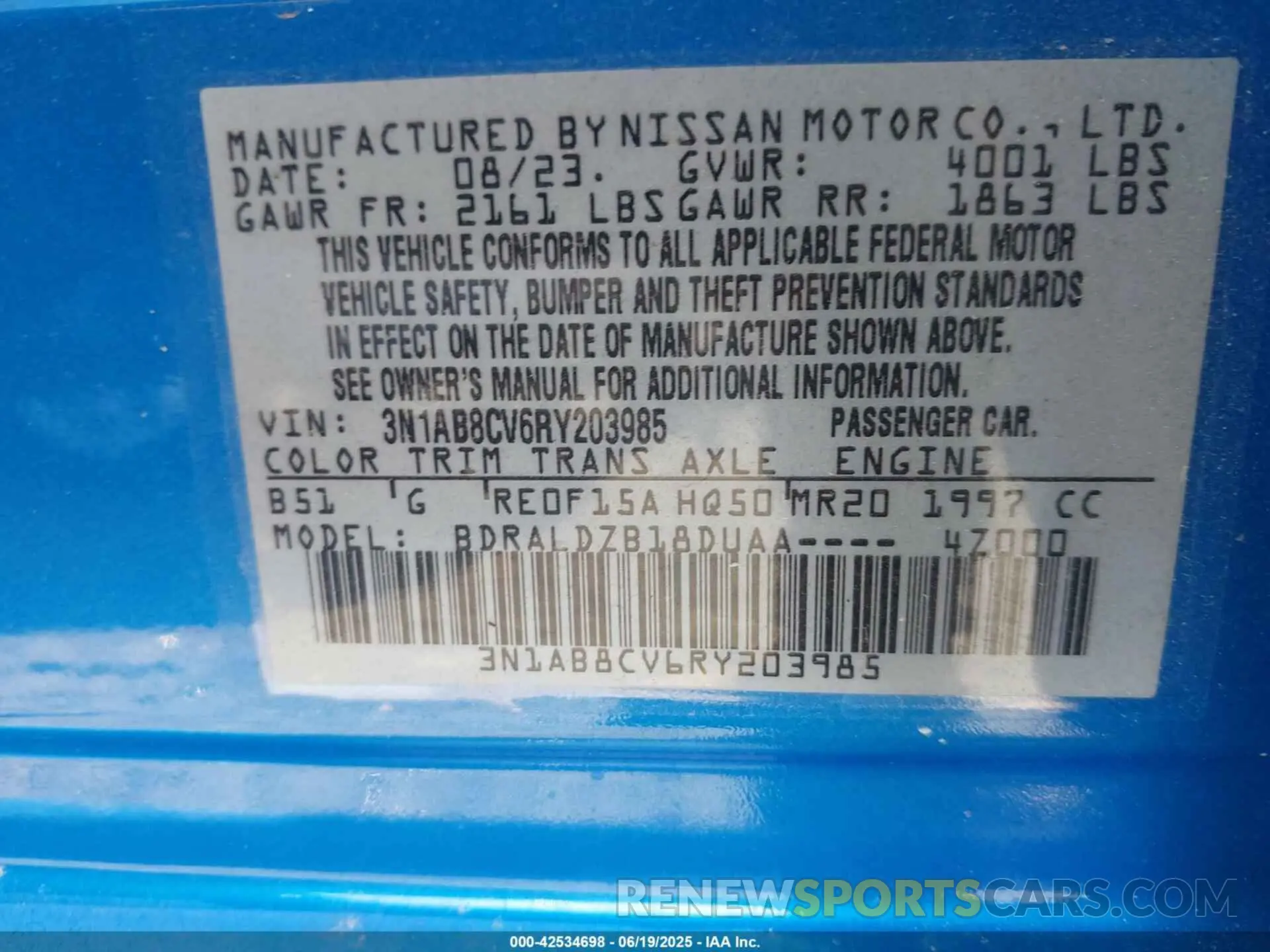 9 fotografías del automóvil dañado 3N1AB8CV6RY203985 NISSAN SENTRA 2024