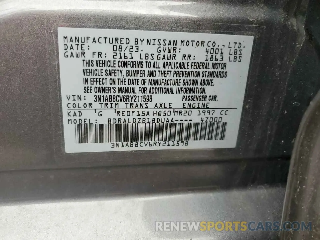 12 fotografías del automóvil dañado 3N1AB8CV6RY211598 NISSAN SENTRA 2024