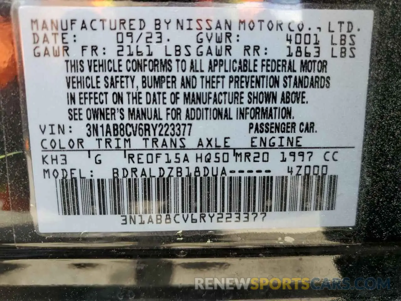 12 fotografías del automóvil dañado 3N1AB8CV6RY223377 NISSAN SENTRA 2024