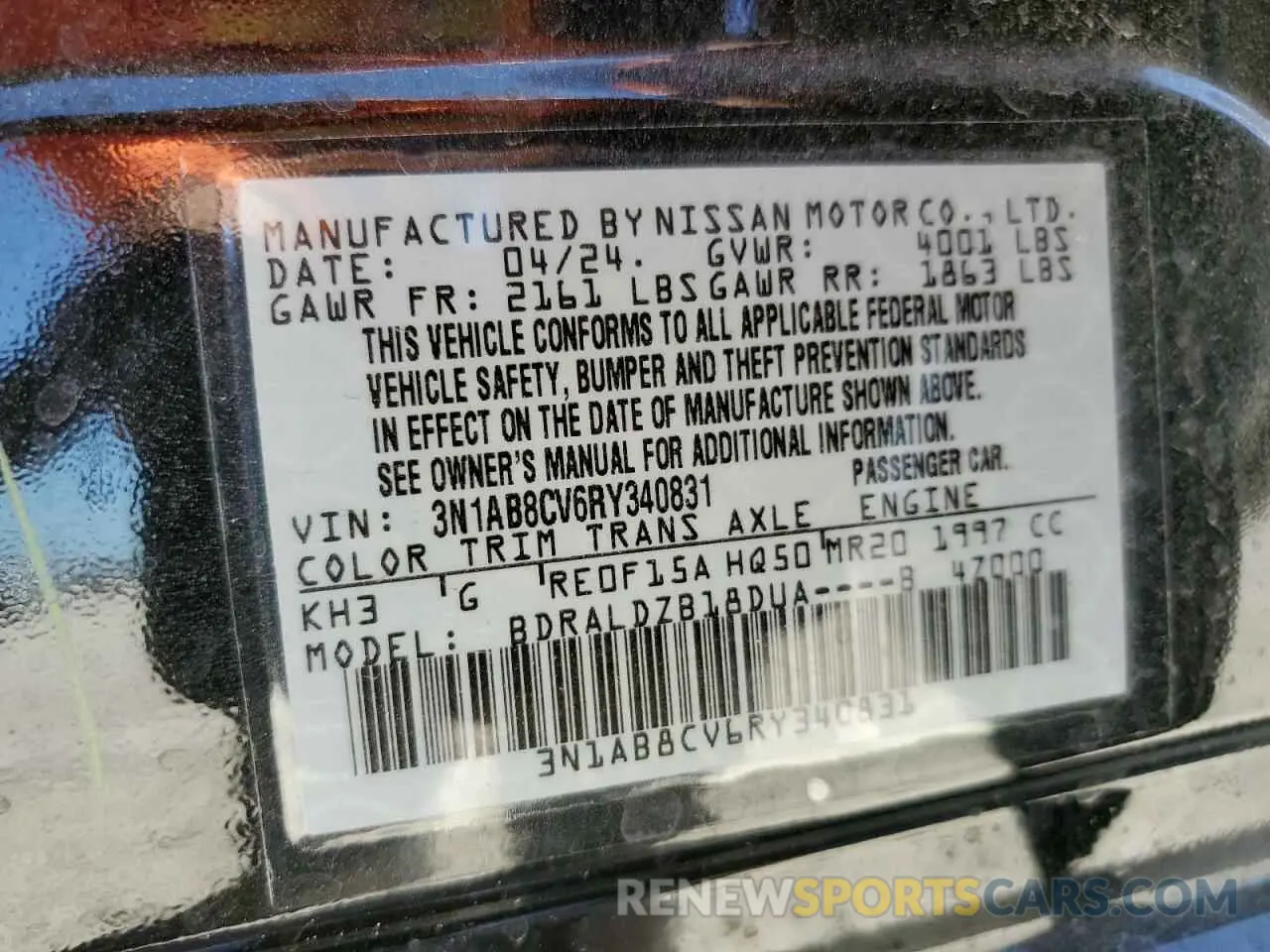 12 fotografías del automóvil dañado 3N1AB8CV6RY340831 NISSAN SENTRA 2024