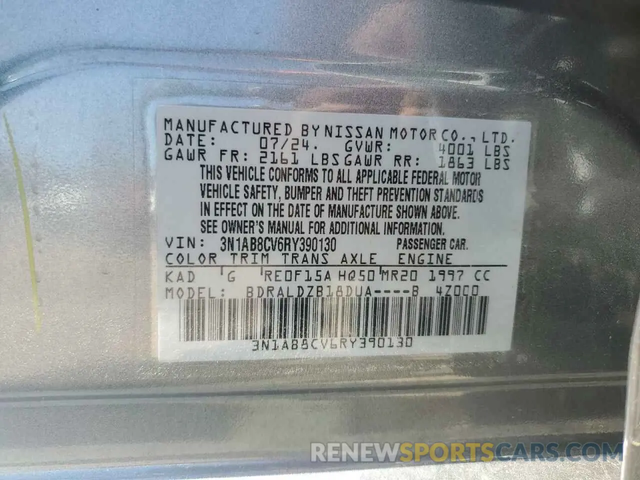 13 fotografías del automóvil dañado 3N1AB8CV6RY390130 NISSAN SENTRA 2024