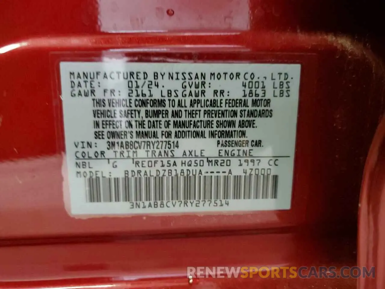 15 fotografías del automóvil dañado 3N1AB8CV7RY277514 NISSAN SENTRA 2024