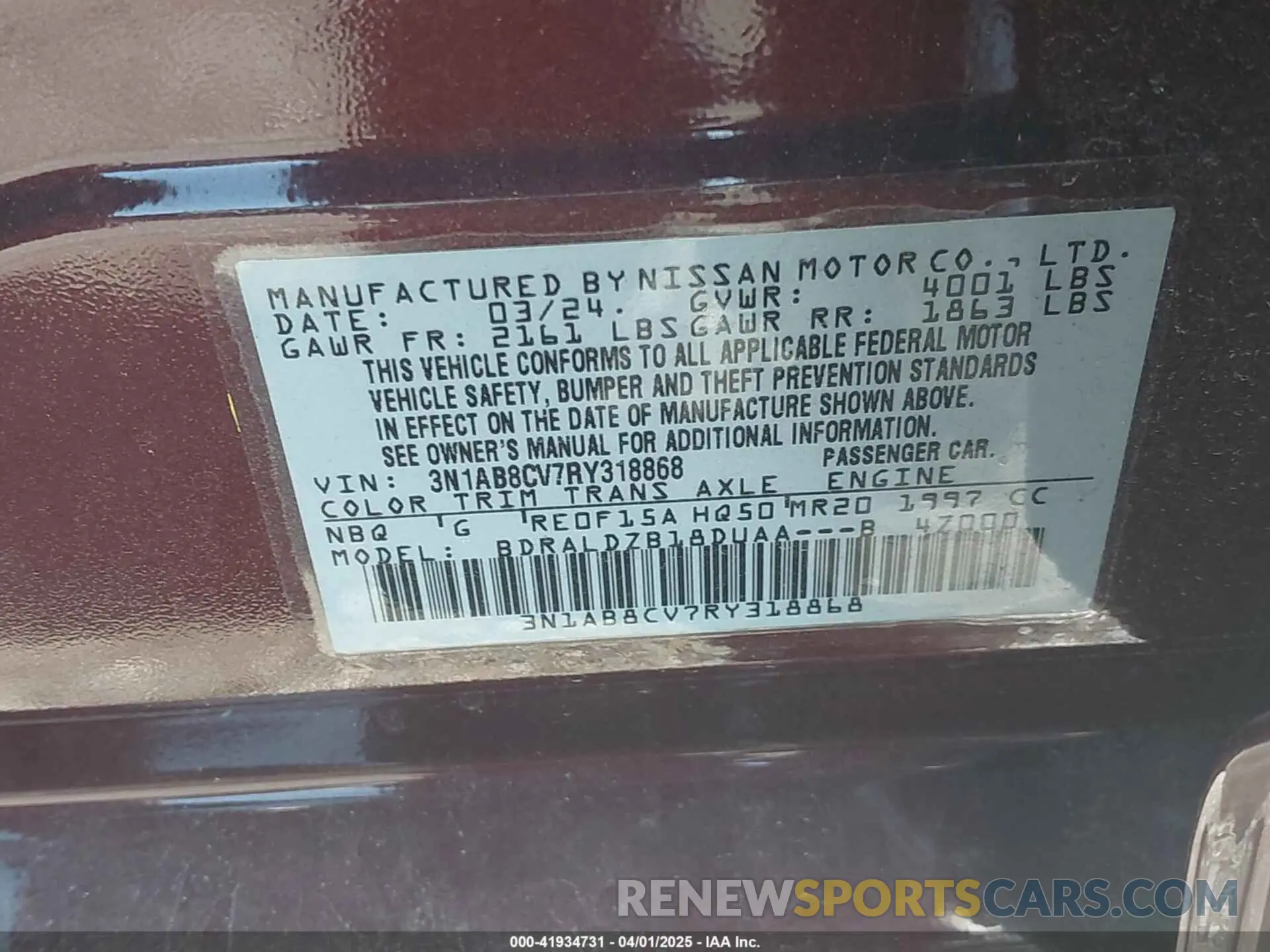 9 fotografías del automóvil dañado 3N1AB8CV7RY318868 NISSAN SENTRA 2024