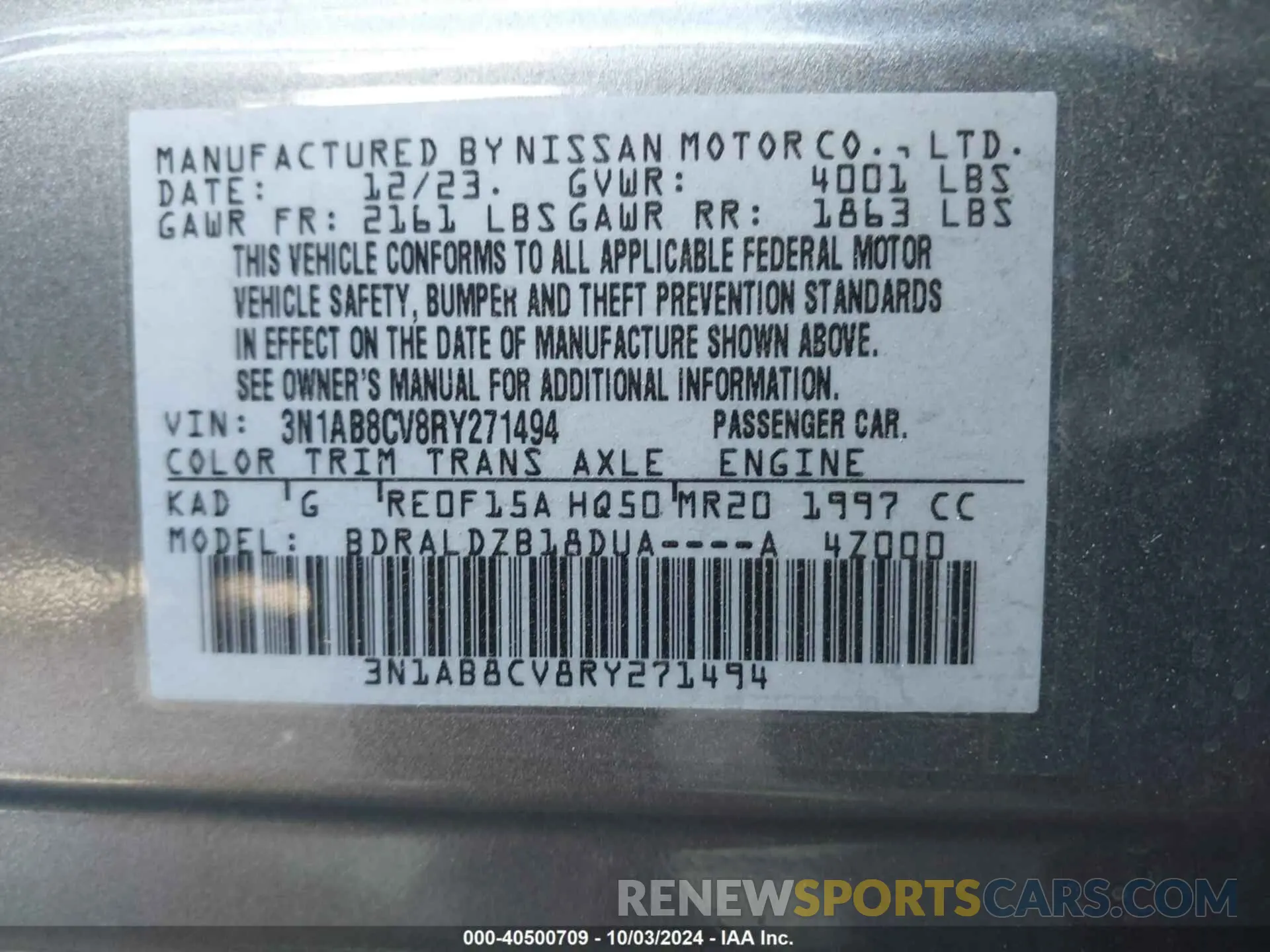9 fotografías del automóvil dañado 3N1AB8CV8RY271494 NISSAN SENTRA 2024