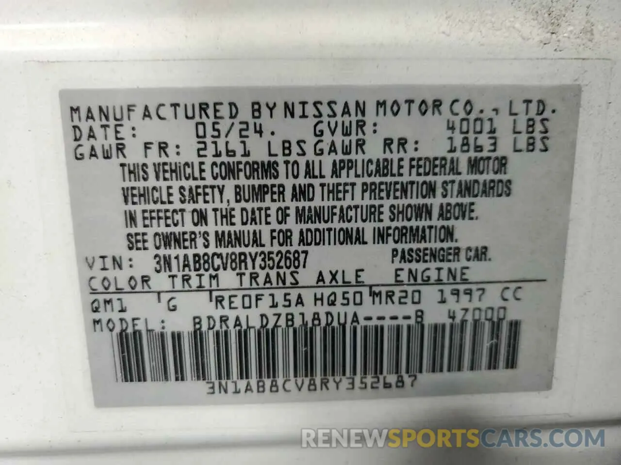 12 fotografías del automóvil dañado 3N1AB8CV8RY352687 NISSAN SENTRA 2024