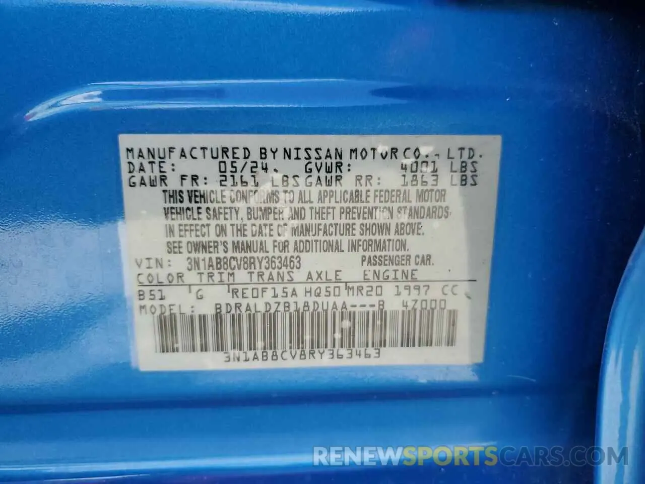 12 fotografías del automóvil dañado 3N1AB8CV8RY363463 NISSAN SENTRA 2024