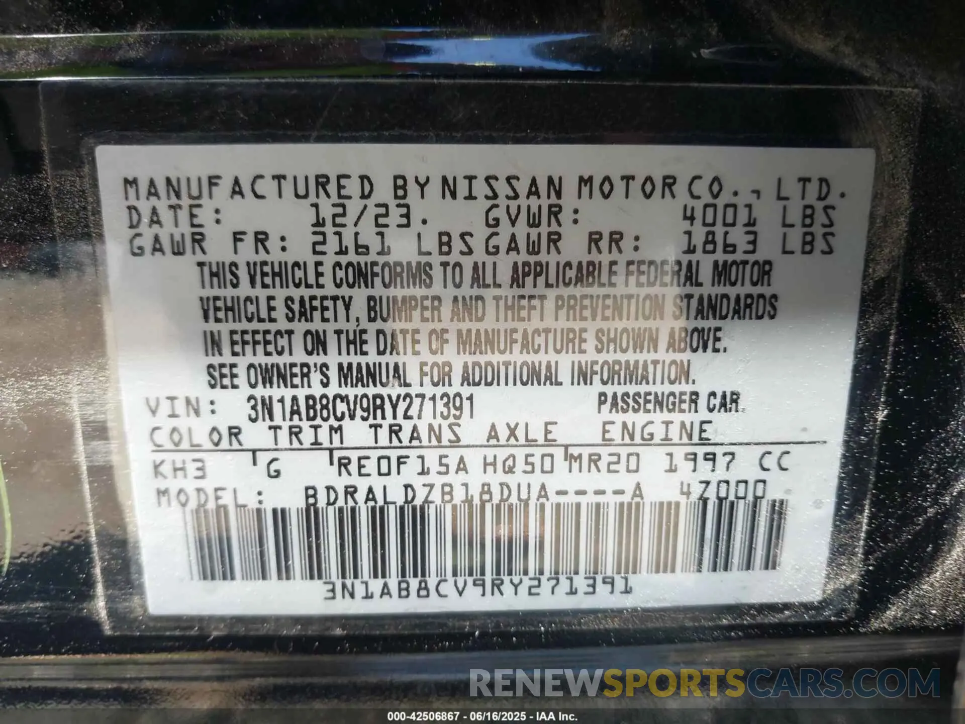 9 fotografías del automóvil dañado 3N1AB8CV9RY271391 NISSAN SENTRA 2024