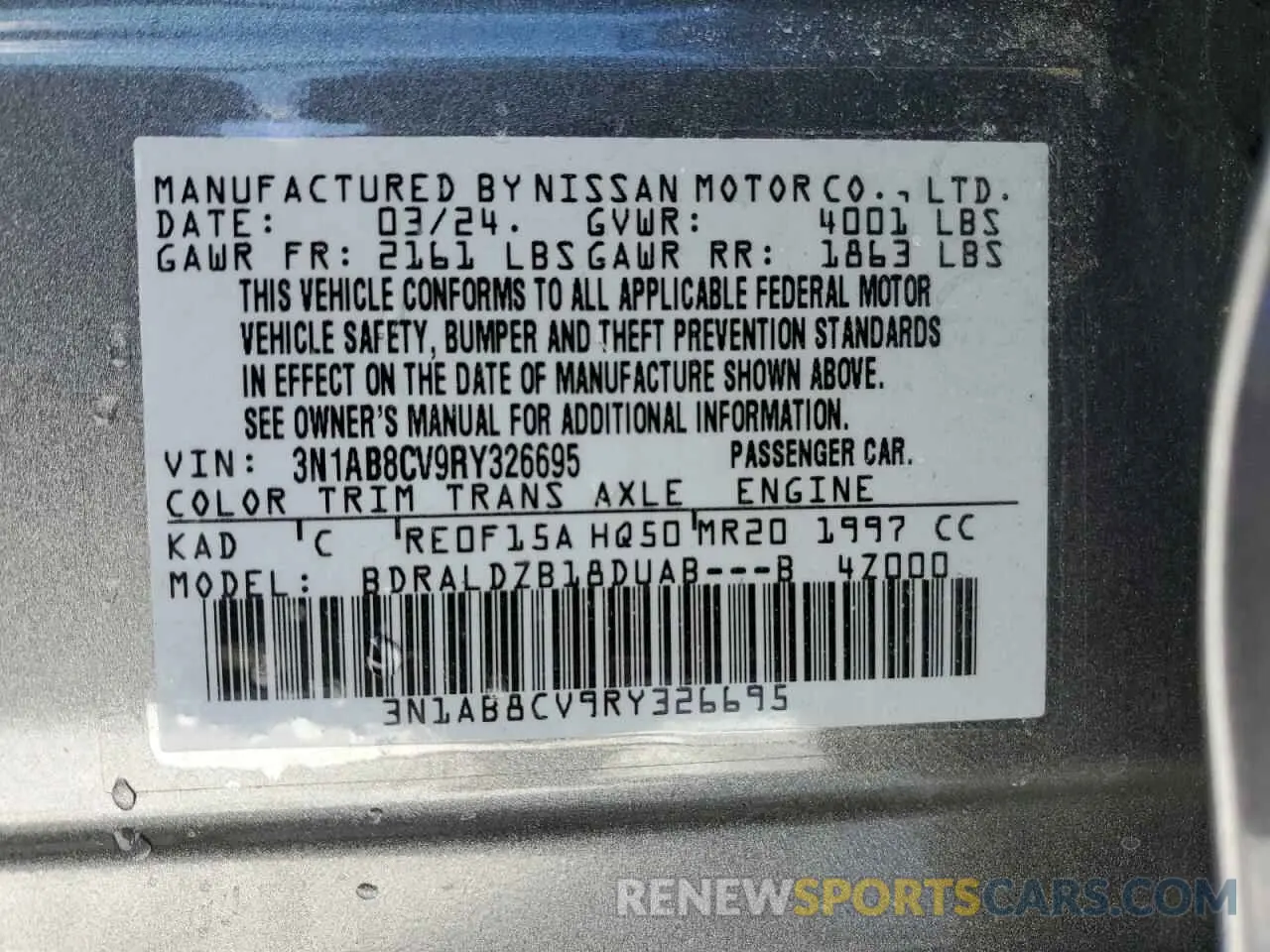 12 fotografías del automóvil dañado 3N1AB8CV9RY326695 NISSAN SENTRA 2024
