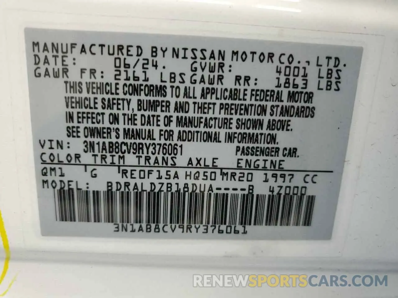 12 fotografías del automóvil dañado 3N1AB8CV9RY376061 NISSAN SENTRA 2024