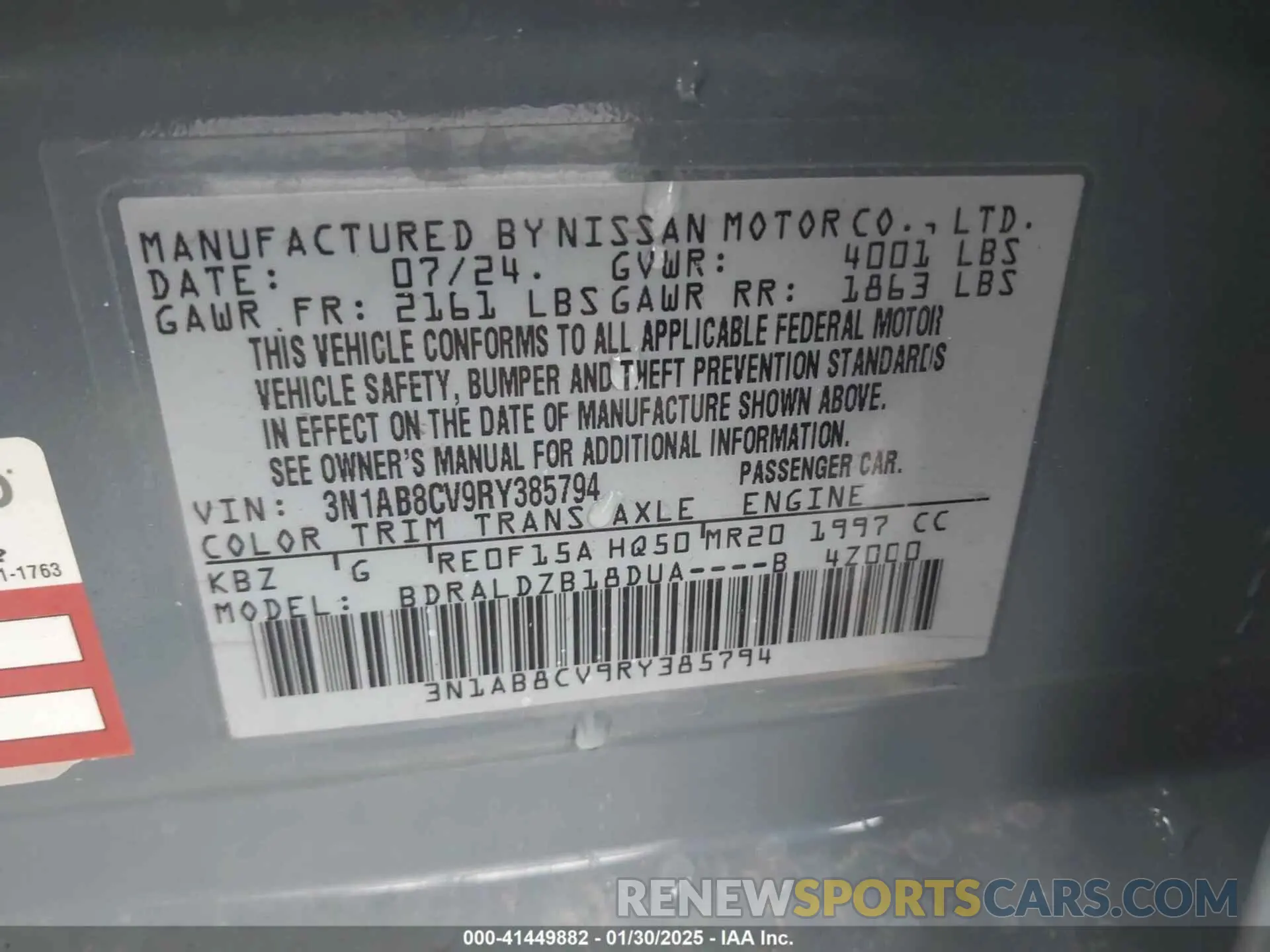 9 fotografías del automóvil dañado 3N1AB8CV9RY385794 NISSAN SENTRA 2024