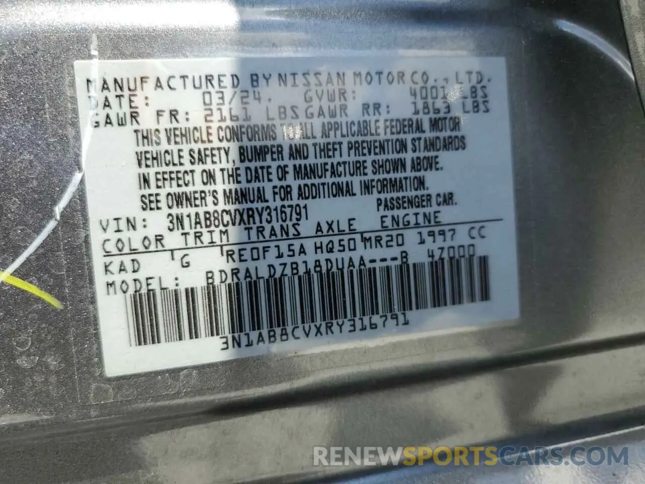 13 fotografías del automóvil dañado 3N1AB8CVXRY316791 NISSAN SENTRA 2024