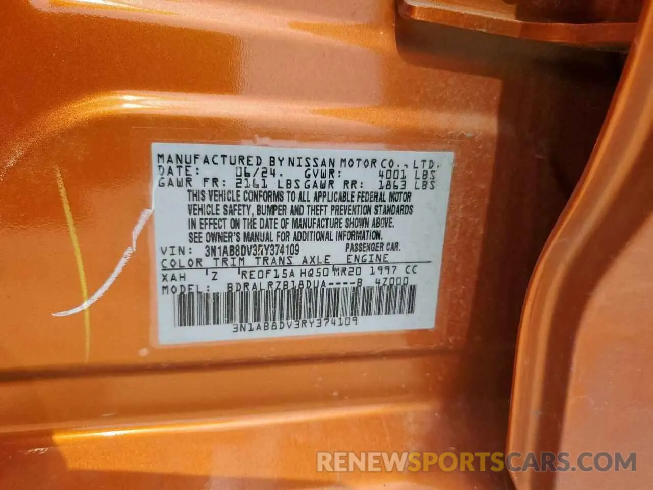 12 fotografías del automóvil dañado 3N1AB8DV3RY374109 NISSAN SENTRA 2024