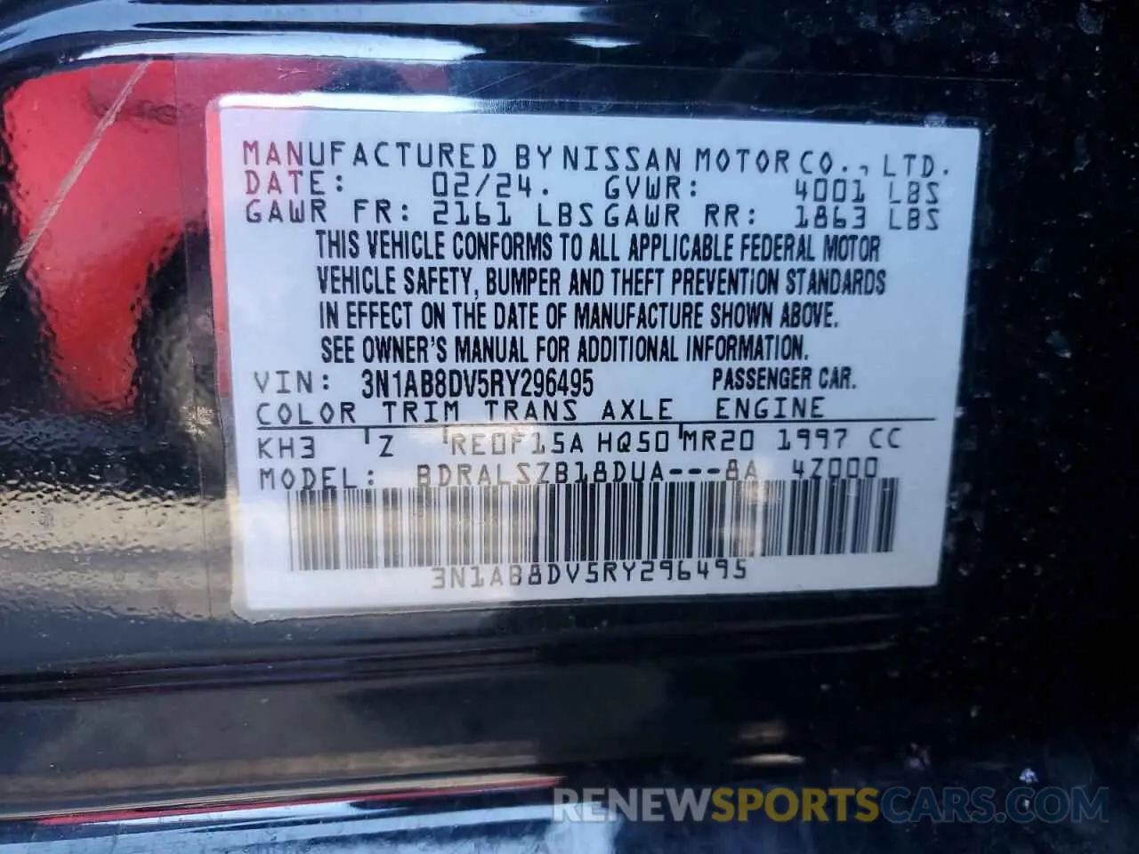 14 fotografías del automóvil dañado 3N1AB8DV5RY296495 NISSAN SENTRA 2024