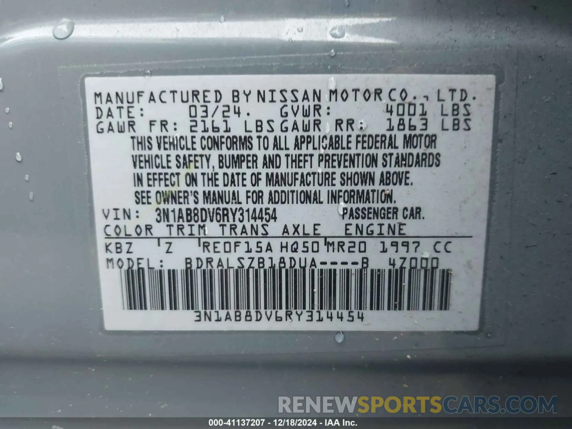 9 fotografías del automóvil dañado 3N1AB8DV6RY314454 NISSAN SENTRA 2024