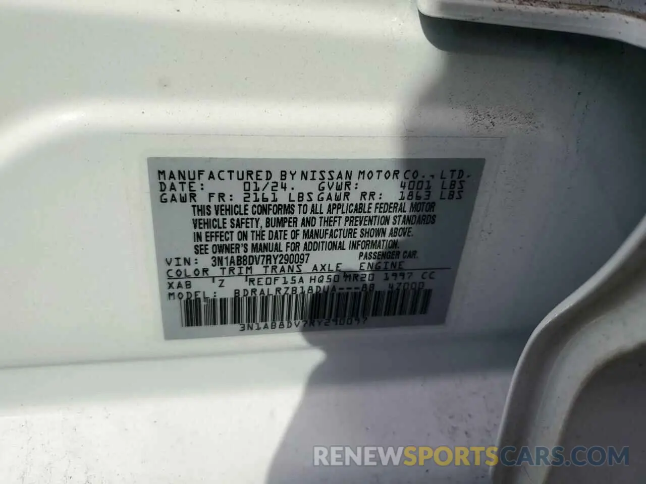 12 fotografías del automóvil dañado 3N1AB8DV7RY290097 NISSAN SENTRA 2024
