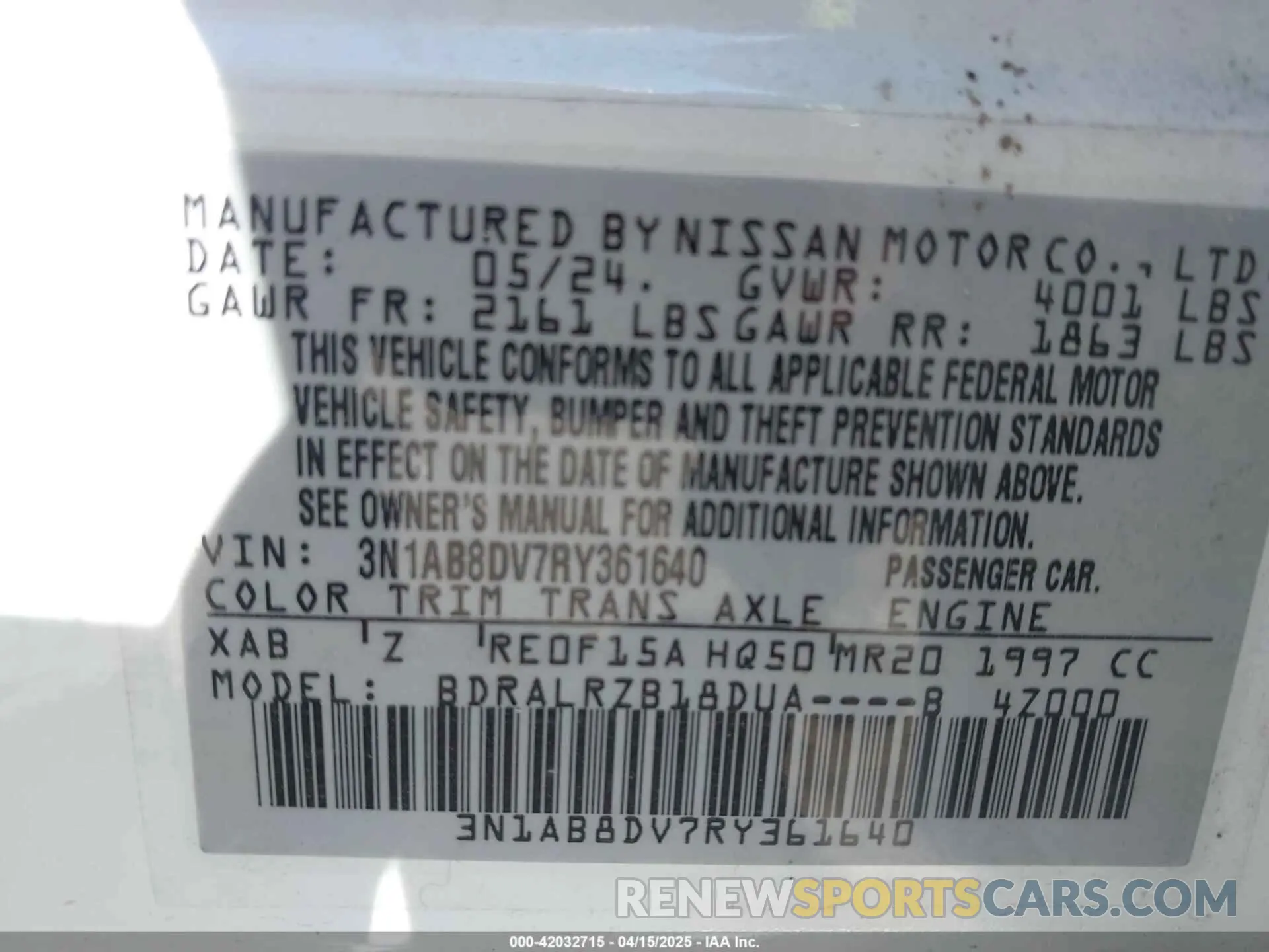9 fotografías del automóvil dañado 3N1AB8DV7RY361640 NISSAN SENTRA 2024