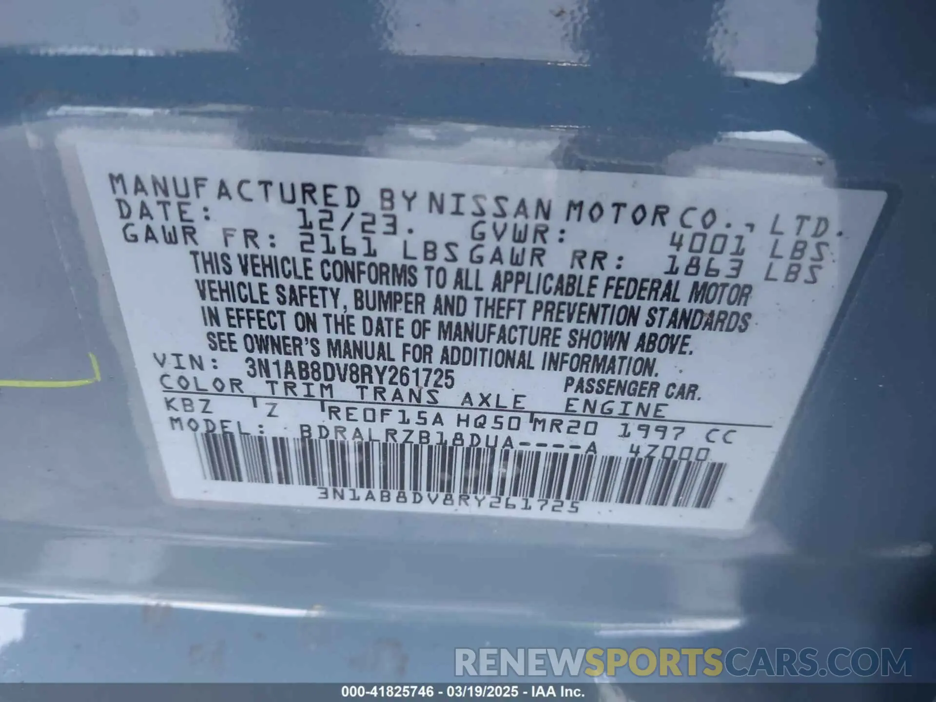 9 fotografías del automóvil dañado 3N1AB8DV8RY261725 NISSAN SENTRA 2024