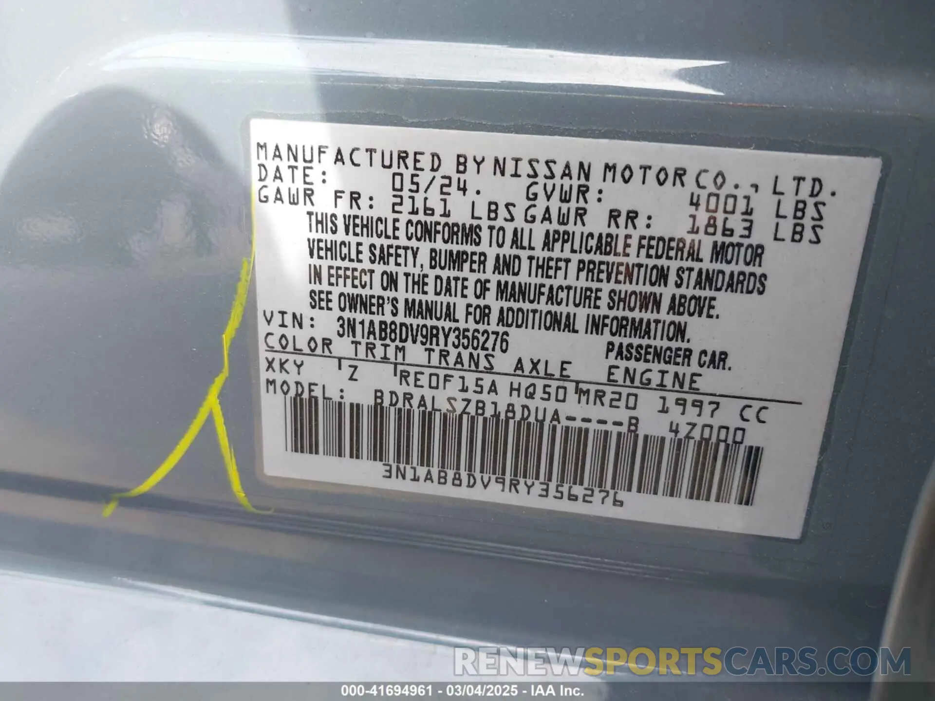 9 fotografías del automóvil dañado 3N1AB8DV9RY356276 NISSAN SENTRA 2024