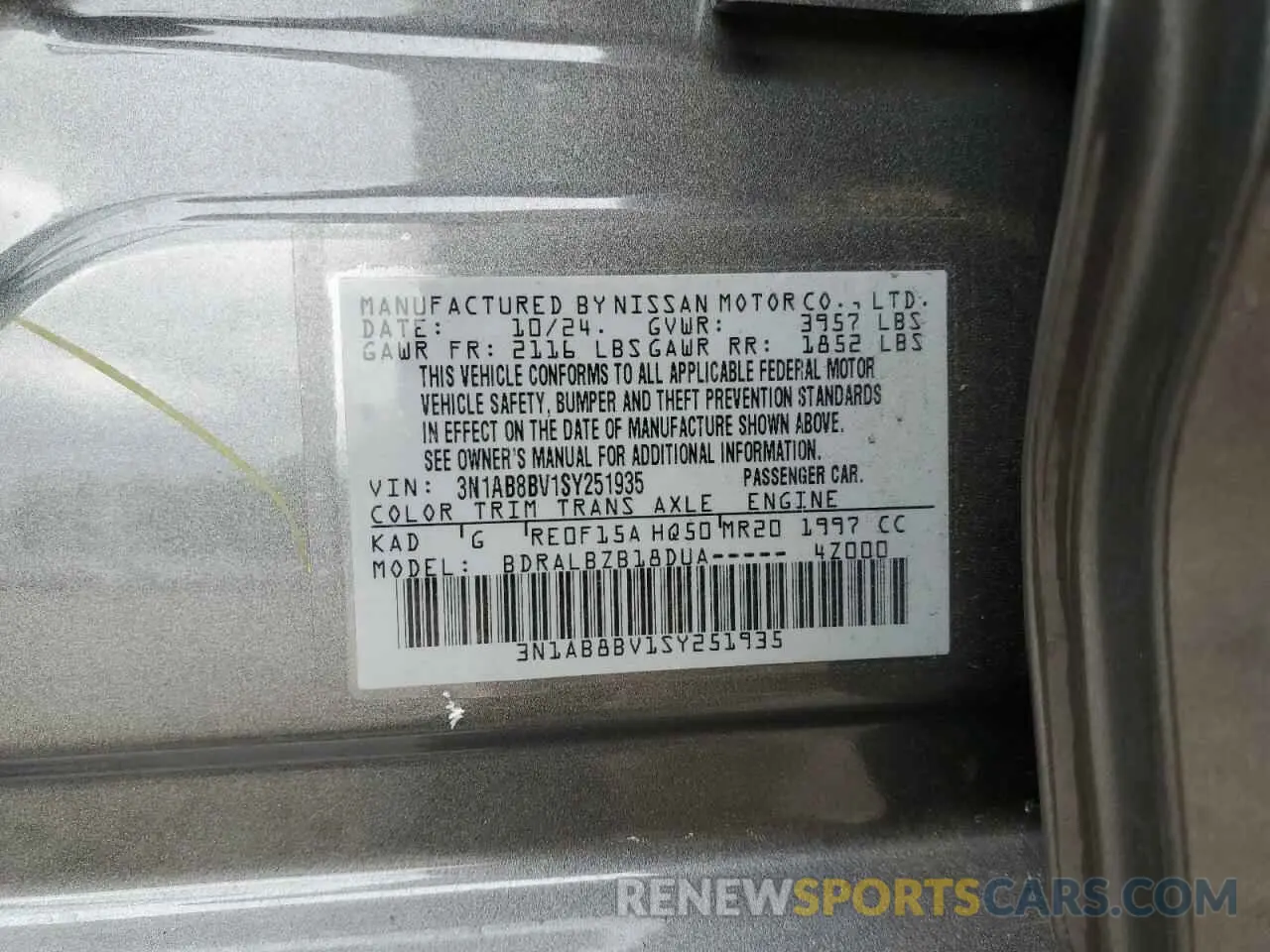 12 fotografías del automóvil dañado 3N1AB8BV1SY251935 NISSAN SENTRA 2025