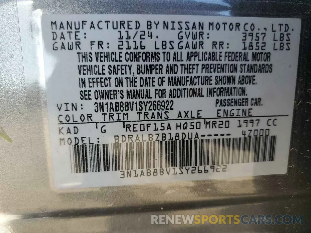 12 fotografías del automóvil dañado 3N1AB8BV1SY266922 NISSAN SENTRA 2025