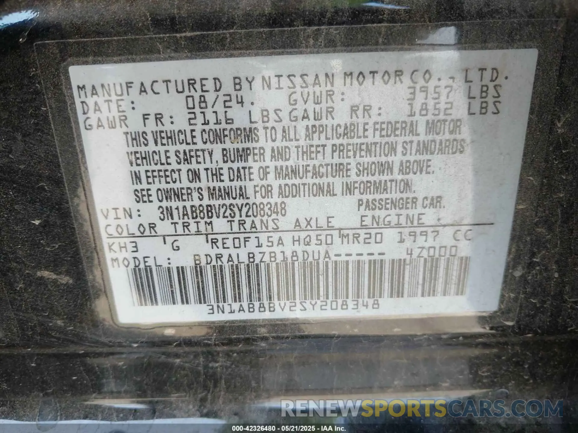9 fotografías del automóvil dañado 3N1AB8BV2SY208348 NISSAN SENTRA 2025