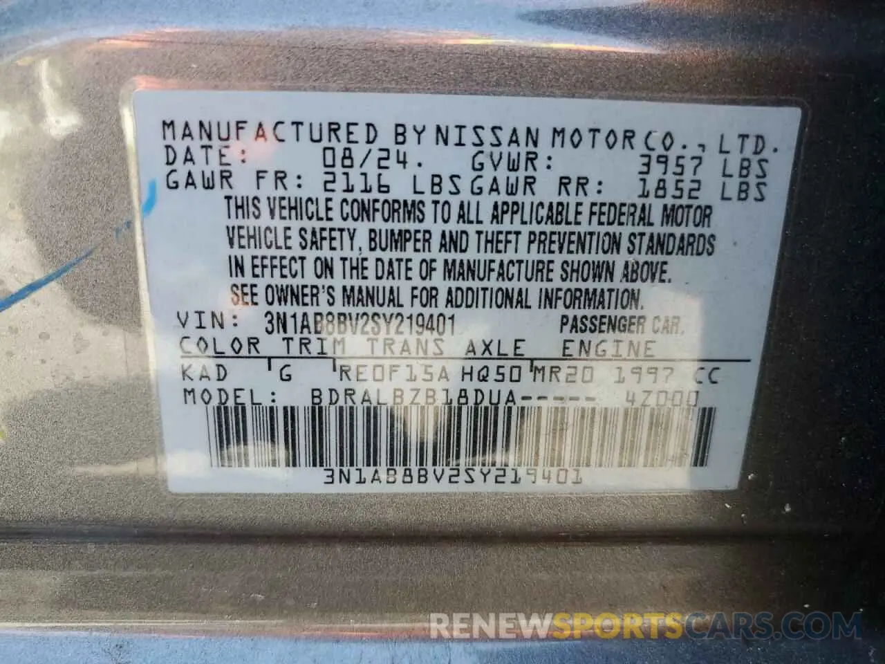 12 fotografías del automóvil dañado 3N1AB8BV2SY219401 NISSAN SENTRA 2025