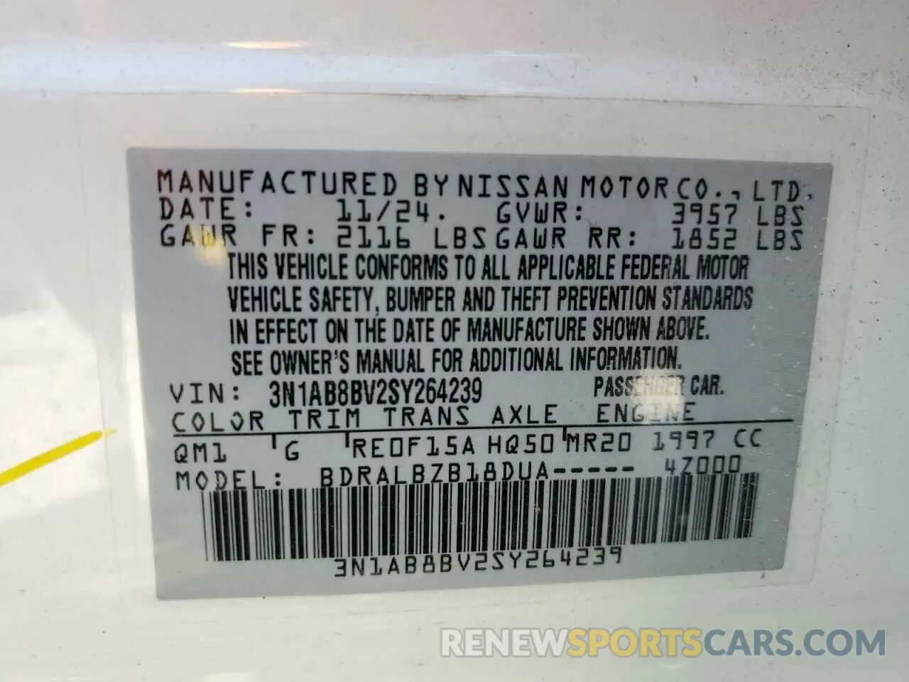 14 fotografías del automóvil dañado 3N1AB8BV2SY264239 NISSAN SENTRA 2025