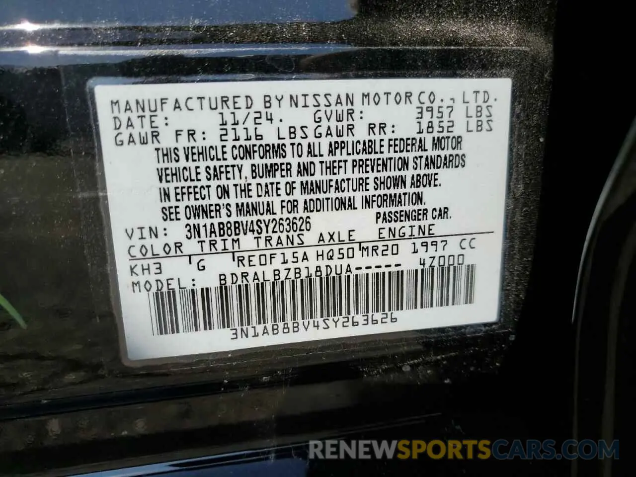12 fotografías del automóvil dañado 3N1AB8BV4SY263626 NISSAN SENTRA 2025