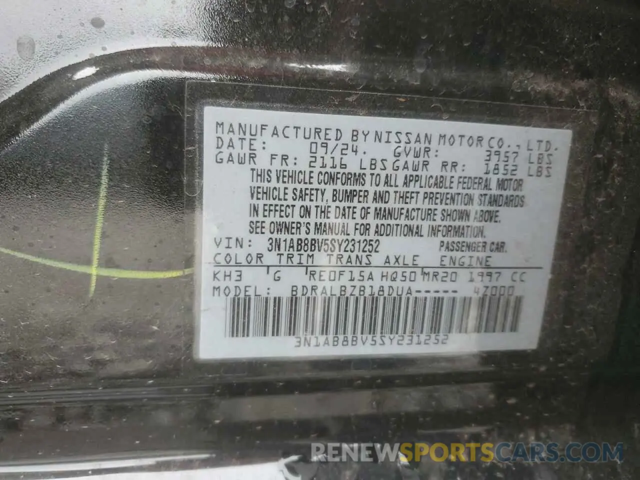 14 fotografías del automóvil dañado 3N1AB8BV5SY231252 NISSAN SENTRA 2025