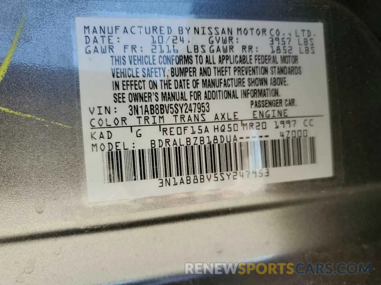 15 fotografías del automóvil dañado 3N1AB8BV5SY247953 NISSAN SENTRA 2025