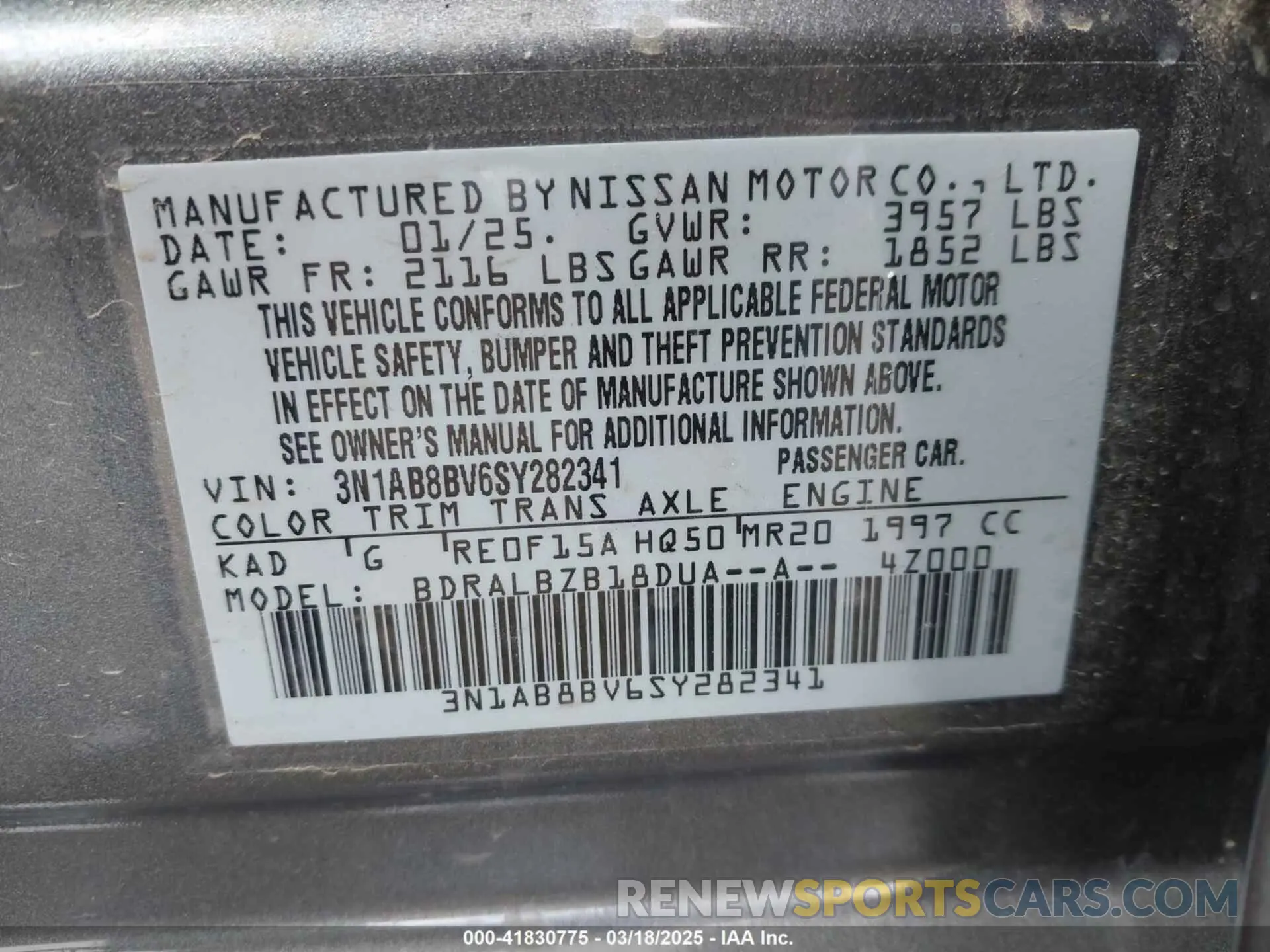 9 fotografías del automóvil dañado 3N1AB8BV6SY282341 NISSAN SENTRA 2025