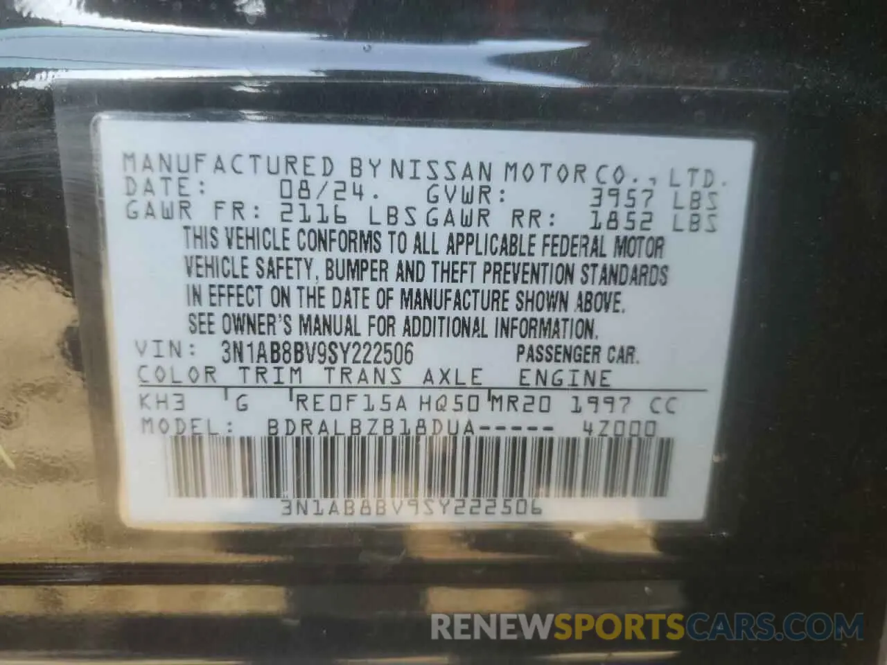 13 fotografías del automóvil dañado 3N1AB8BV9SY222506 NISSAN SENTRA 2025