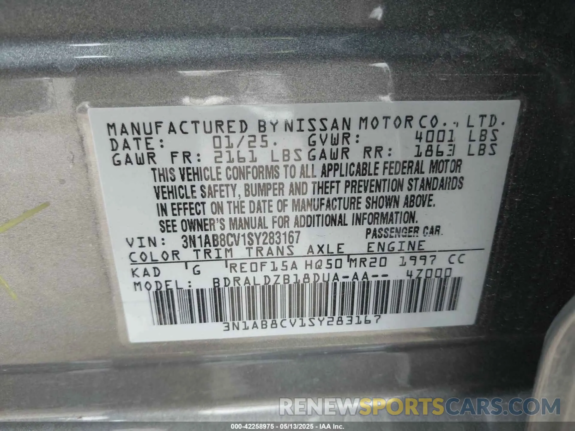 9 fotografías del automóvil dañado 3N1AB8CV1SY283167 NISSAN SENTRA 2025
