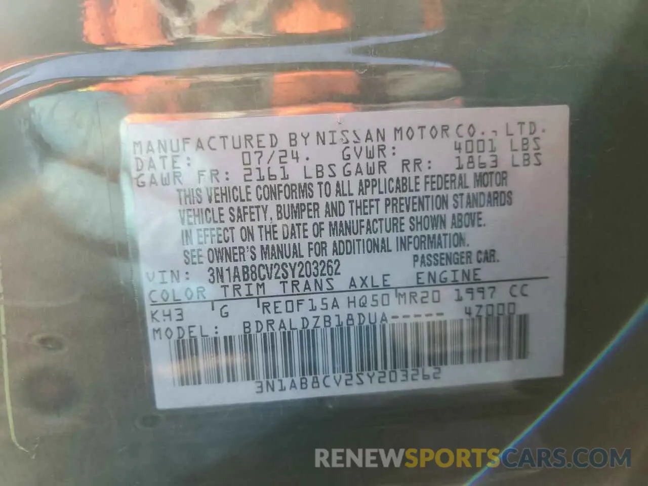 12 fotografías del automóvil dañado 3N1AB8CV2SY203262 NISSAN SENTRA 2025