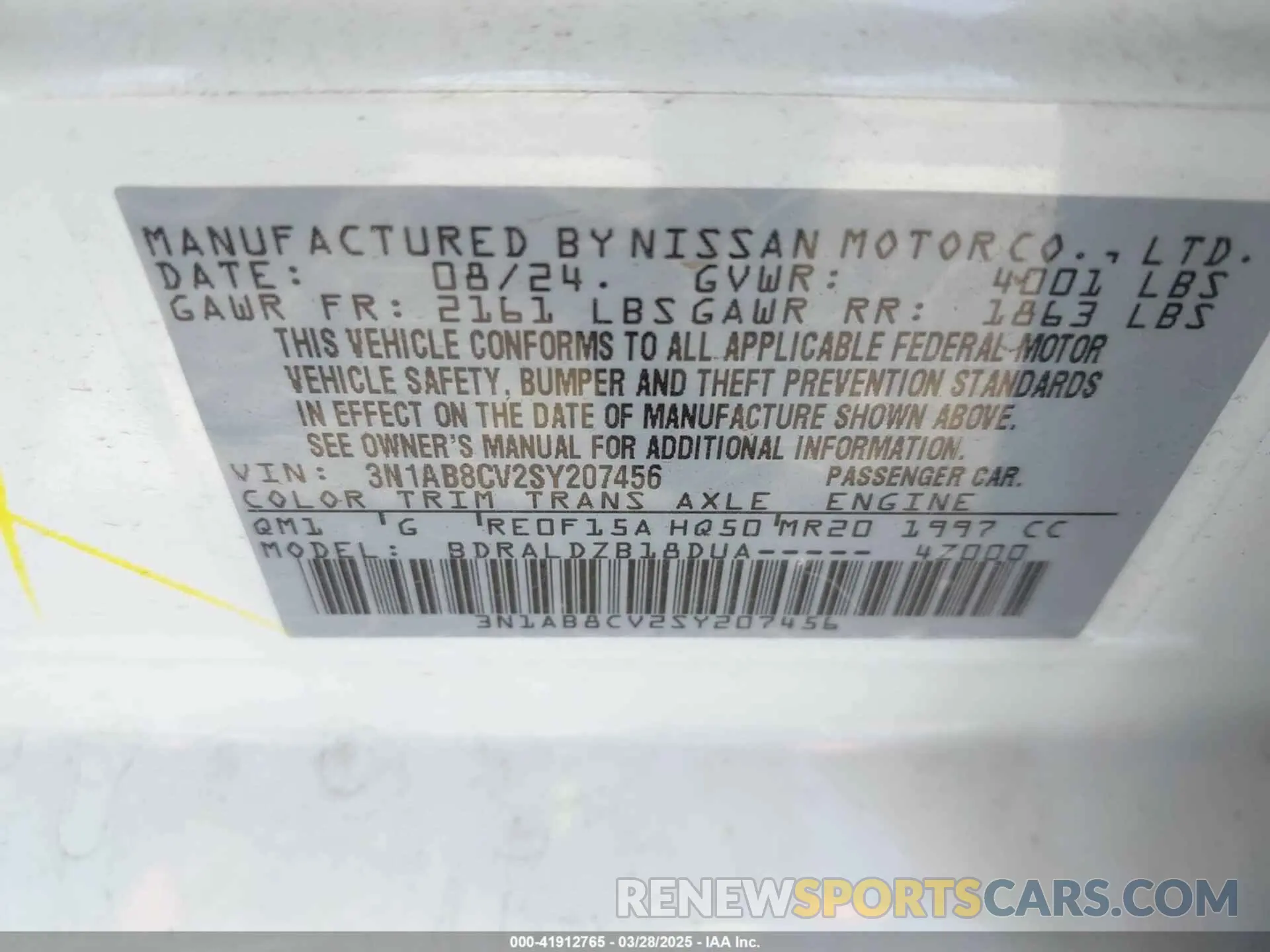 9 fotografías del automóvil dañado 3N1AB8CV2SY207456 NISSAN SENTRA 2025