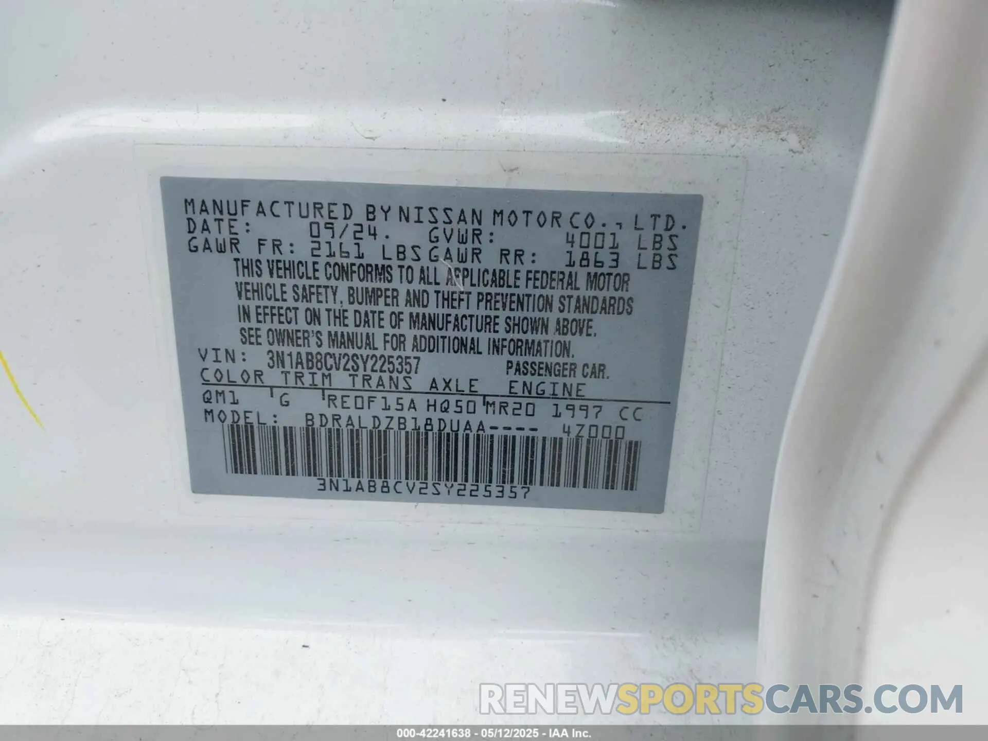 9 fotografías del automóvil dañado 3N1AB8CV2SY225357 NISSAN SENTRA 2025