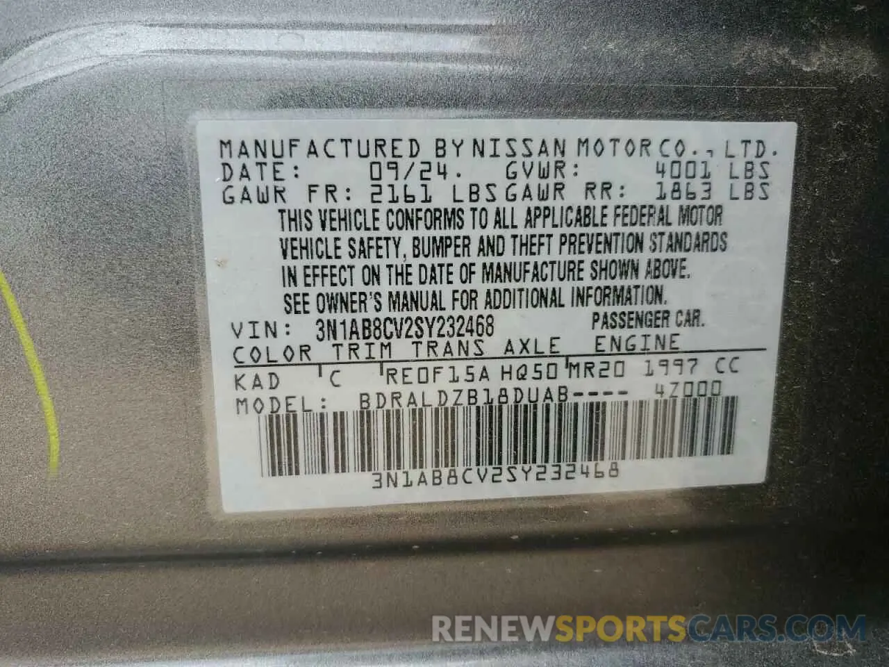 12 fotografías del automóvil dañado 3N1AB8CV2SY232468 NISSAN SENTRA 2025