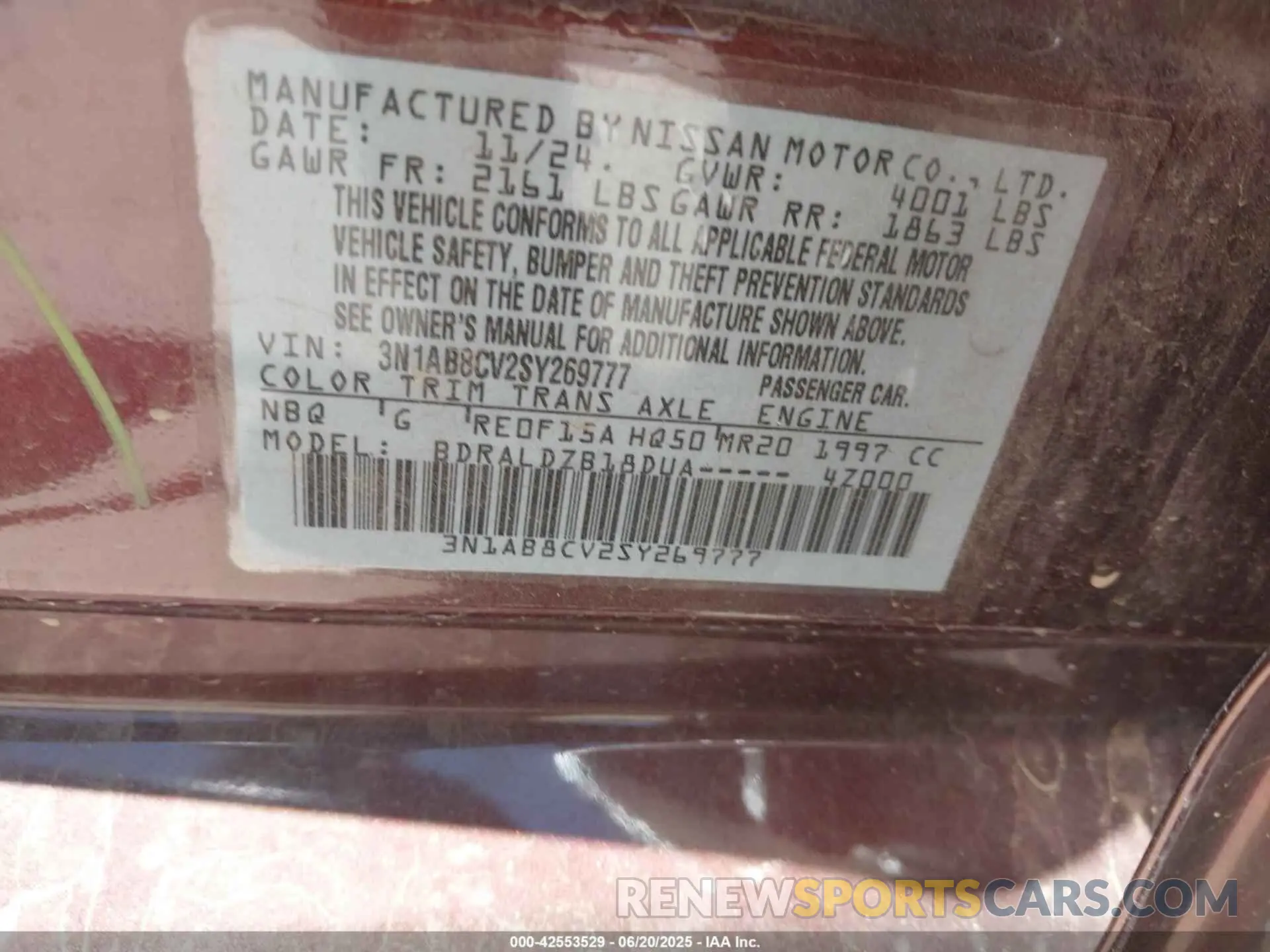 9 fotografías del automóvil dañado 3N1AB8CV2SY269777 NISSAN SENTRA 2025