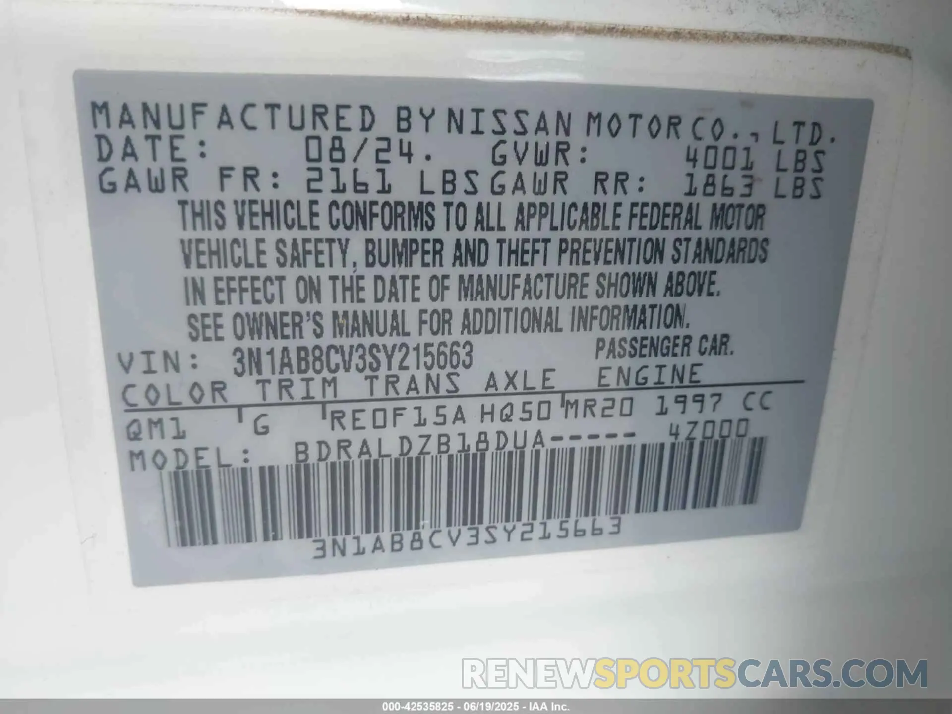 9 fotografías del automóvil dañado 3N1AB8CV3SY215663 NISSAN SENTRA 2025