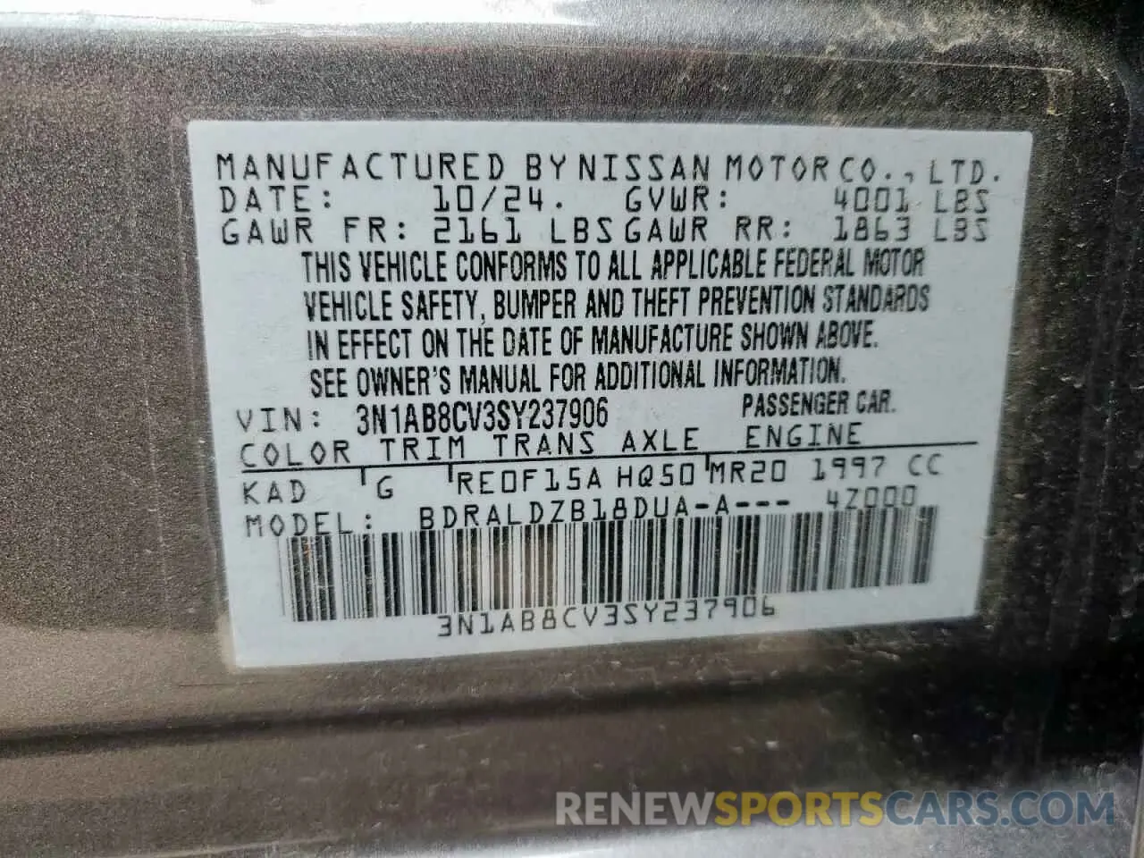 13 fotografías del automóvil dañado 3N1AB8CV3SY237906 NISSAN SENTRA 2025