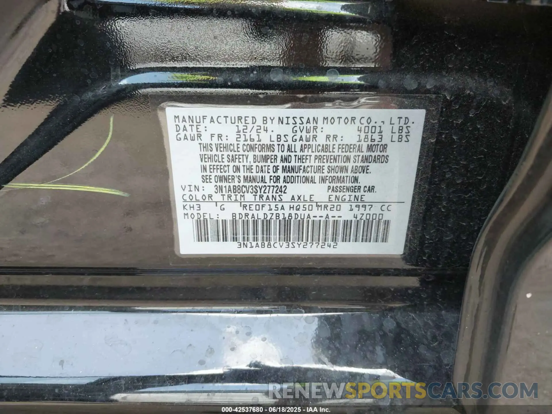 9 fotografías del automóvil dañado 3N1AB8CV3SY277242 NISSAN SENTRA 2025